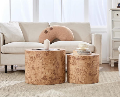 EALSON Nesting Coffee Tables Set of 2 Farmhouse Small Round End Tables Modern Wood Circle Side Table Drum Table for Living Room Small Spaces Bedroom Balcony, No Assembly, Natural Burl