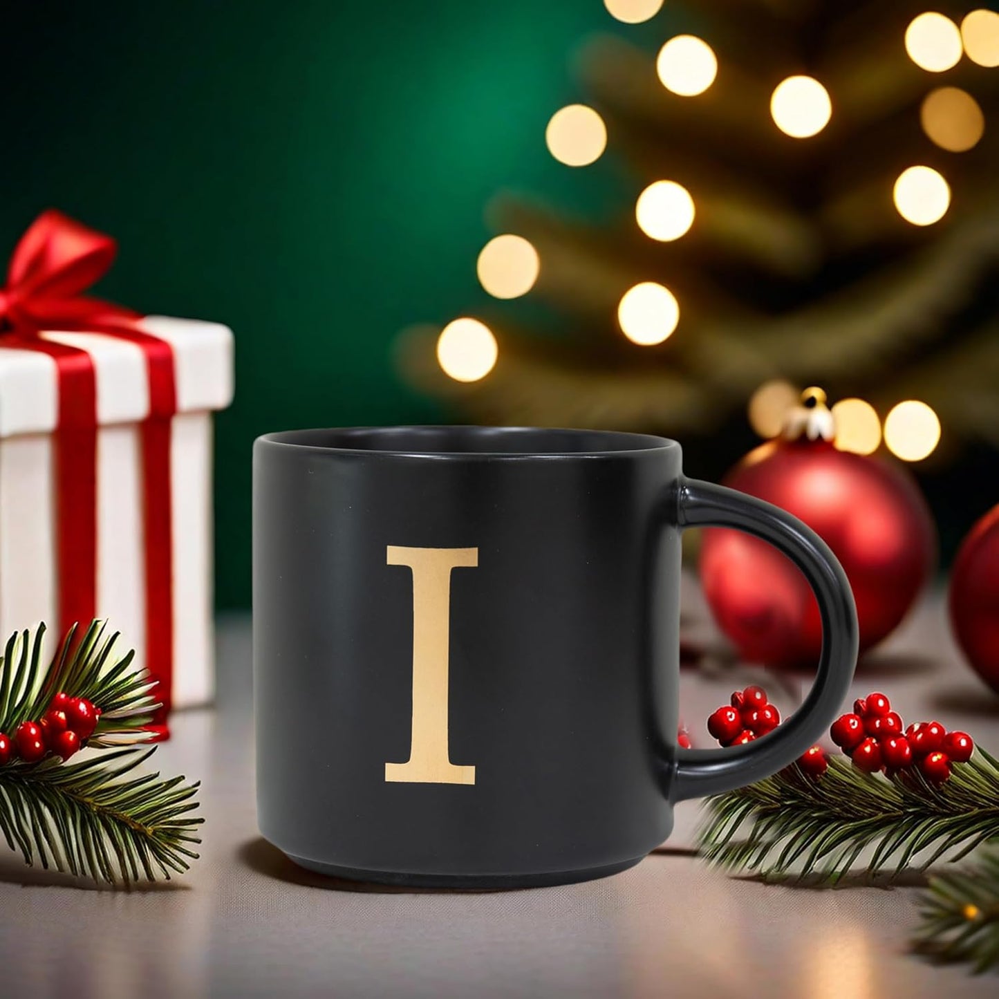 COLLECTIVE HOME - Monogram Ceramic Mugs, 15 oz Golden Initial Black Coffee Cups, Elegant Alphabet Tea Mugs, Elegant Personalized Mug with Gift Box, Unique Mug with Double Side Capital Lette (I)