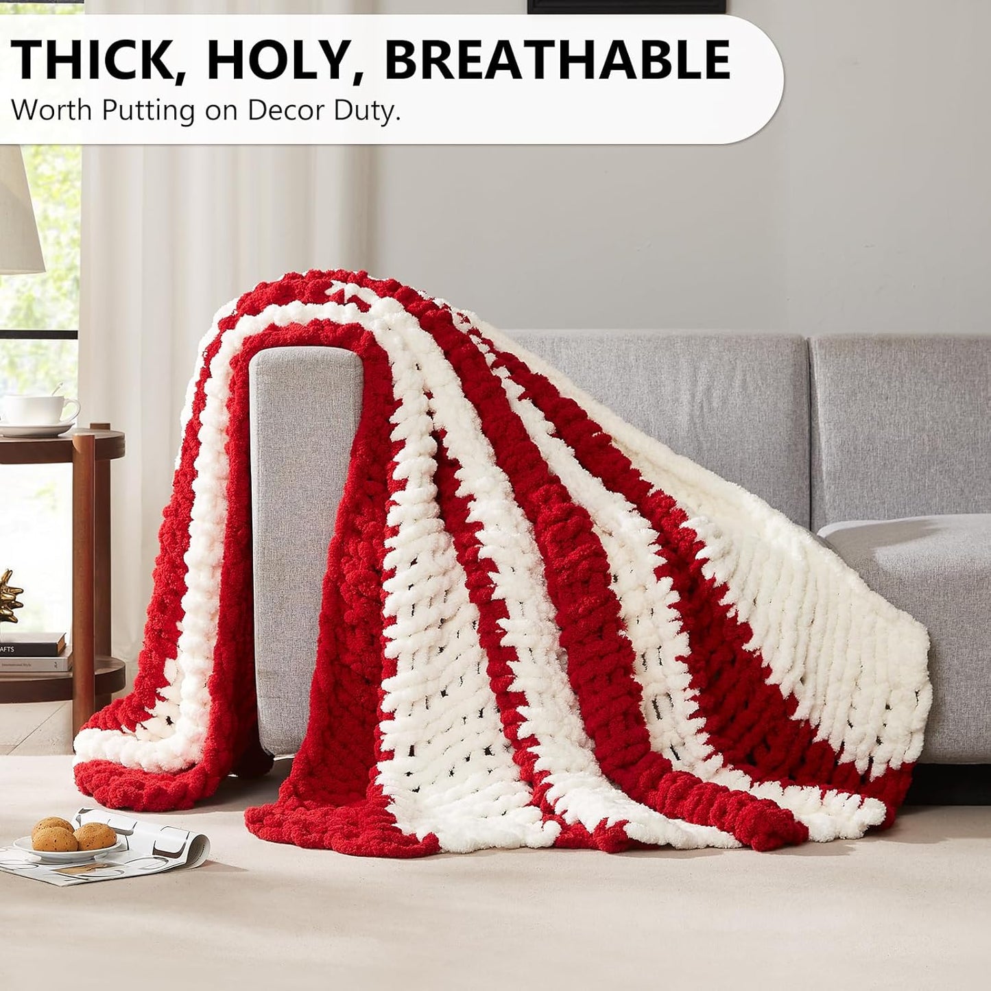 L'AGRATY Chunky Knit Blanket Throw - Soft Chunky Throw Blanket 40x50: 100% Hand Kintted Chenile Crochet Throw Blanket for Couch - Large Cable Knit Chunky Blanket for Home Decor(Red and White)