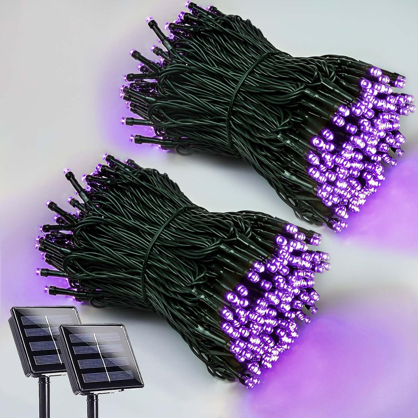 EEW 2 Pack 200 LED Solar Halloween Lights Outdoor Waterproof, Solar String Lights for Outside, Solar Powered Tree Light with 8 Lighting Modes for Xmas Party Garden Yard Halloween Decorations (Purple)
