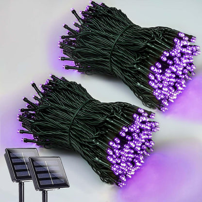 EEW 2 Pack 200 LED Solar Halloween Lights Outdoor Waterproof, Solar String Lights for Outside, Solar Powered Tree Light with 8 Lighting Modes for Xmas Party Garden Yard Halloween Decorations (Purple)