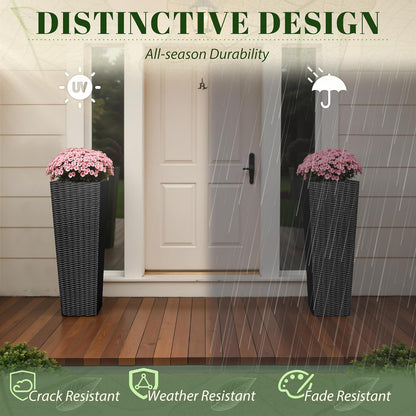 JUMMICO Set of 2 Resin Rattan Tall Planters for Outdoor Plants, Large Tapered Planters with Drainage Holes&Inner Trays, Flower Pots for Garden, Patio, Porch, Backyard (Black, 32'')