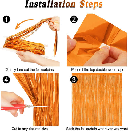 2 Pack Backdrop Curtains, 3.28 FT x 7.05 FT Orange Color Tinsel Backdrop, Metallic Party Streamer Fringe Curtains, Foil Curtains Halloween Decor Birthday Party Supplies