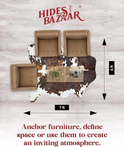 Tricolor Cowhide Rug Classic Brown, Black and White Color Mix, Natural Leather Hide, Area Rug (6x7ft)