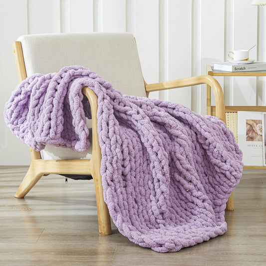 WESHIONGOO Chunky Knit Blanket Throw 40"*40" Knitted Throw Blankets for Couch Bed Fluffy Soft Blanket with Jumbo Chenille Yarn Thick 100% Handmade(Lilca)