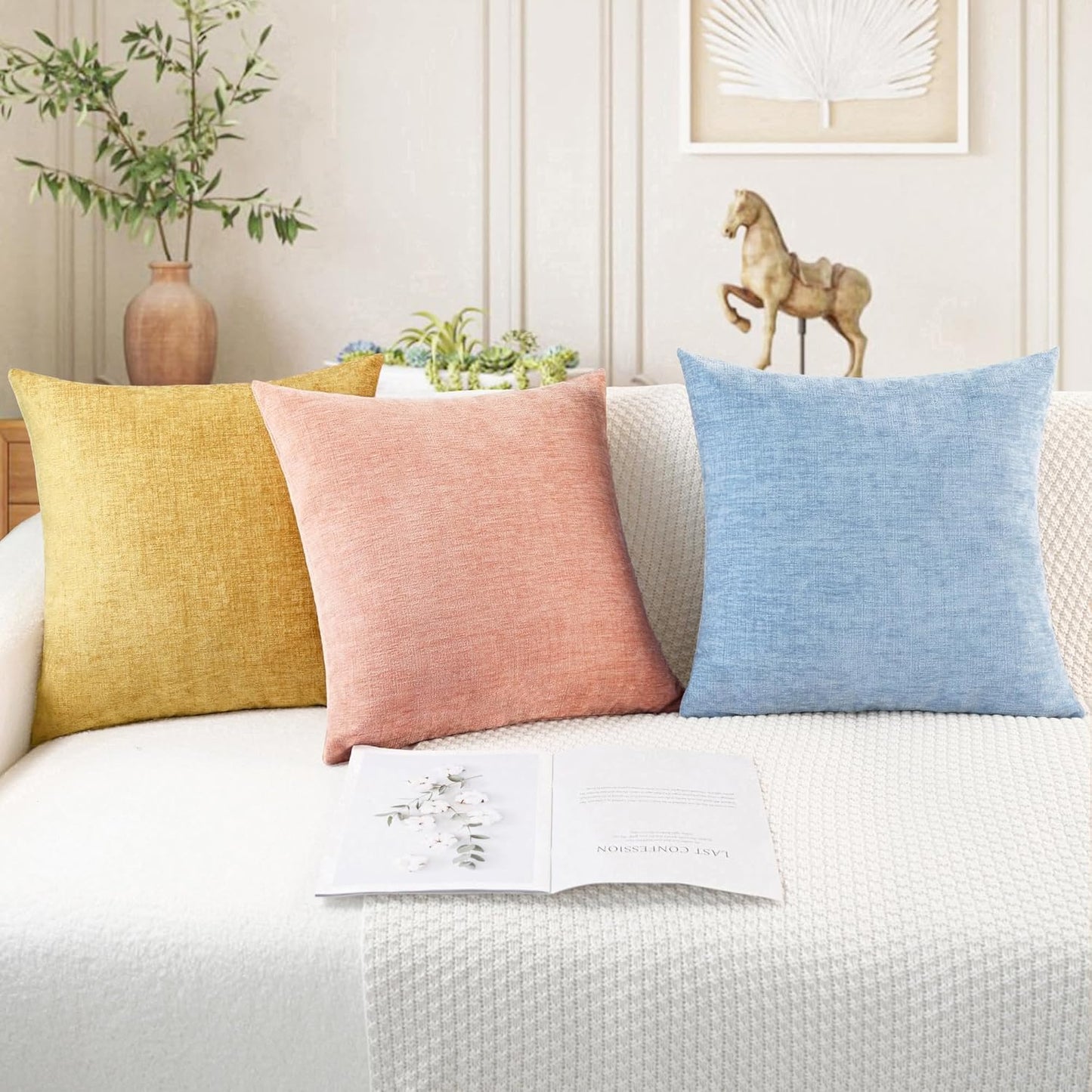 CaliTime Throw Pillow Covers Decorative 24 X 24 Inches Pack of 2 Cozy Chenille Cushion Cases for Couch Sofa Bed Living Room Home Gold