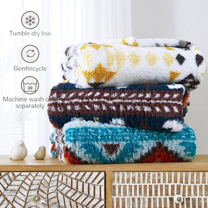 CASAAGUSTO Boho Sherpa Throw Blanket, Aztec Throw, Ultra Soft, Warm, Cozy, Plush, Thick Fleece Bohemian Throw Blanket for Couch, Bed, Sofa (Aqua 50 * 60 Inch)