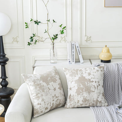 Jacquard Throw Pillow Covers 18x18 Inch Set of 2 - Vintage Floral Boho Pillow Cases with Botanical Pattern | Farmhouse Decor for Couch | Soft Textured Neutral Trio Light Khaki Warm Beige 18" x 18"