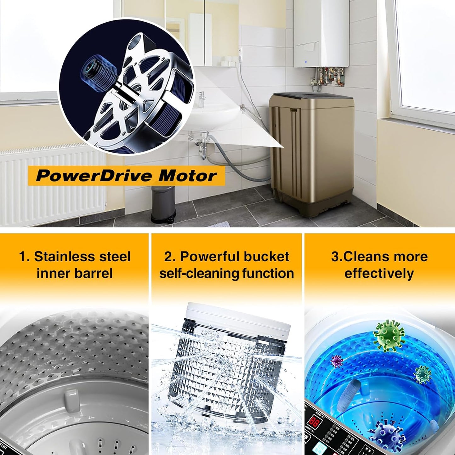 Portable Washing Machine 2.3 Cu. Ft. Full-Automatic Compact Washer Machine for Apartment, 10 Wash Program Small Portable Washer for Dorm, Apartment, RV, Home, Golden