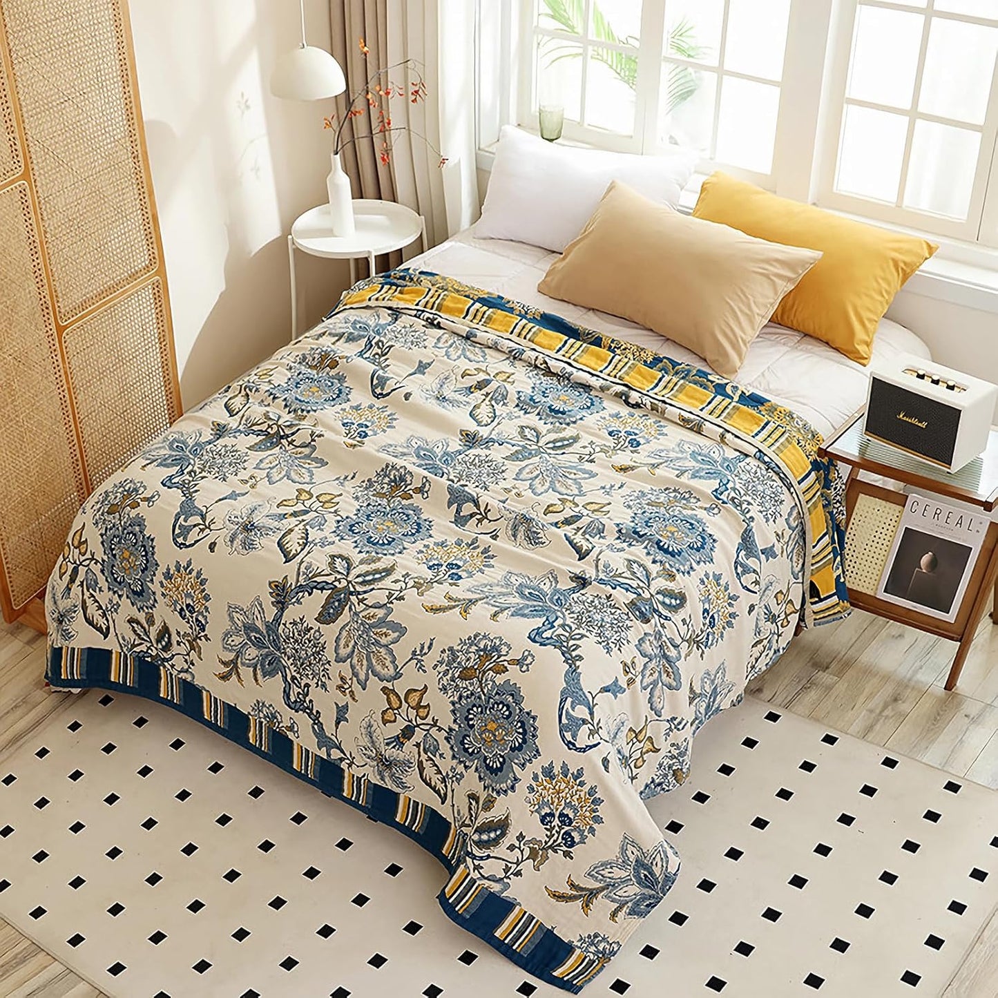 Snycler Boho Throw Blanket for Bed - 100% Cotton Ultra Soft Rustic Quilt - White Blue Floral Printed Farmhouse Decor Bed Blankets, 60"×80" All Season Rustic Throw for Sofa Couch Chair