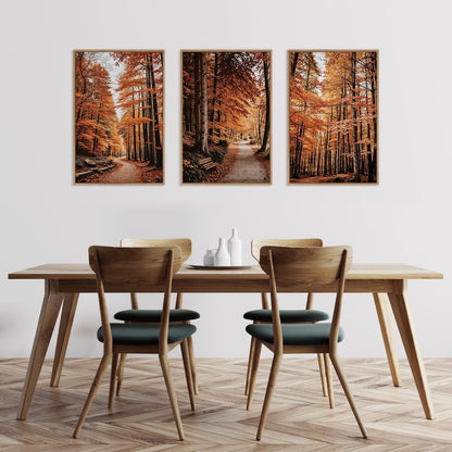 HLNIUC Autumn Forest Framed Canvas Wall Art,Fall Nature Pictures Wall Decor Set of 3(16”x24”) Large Maple Trees Trail Scenery Wall Painting,Modern Fall Landscape Art Print for Living Room,Bedroom
