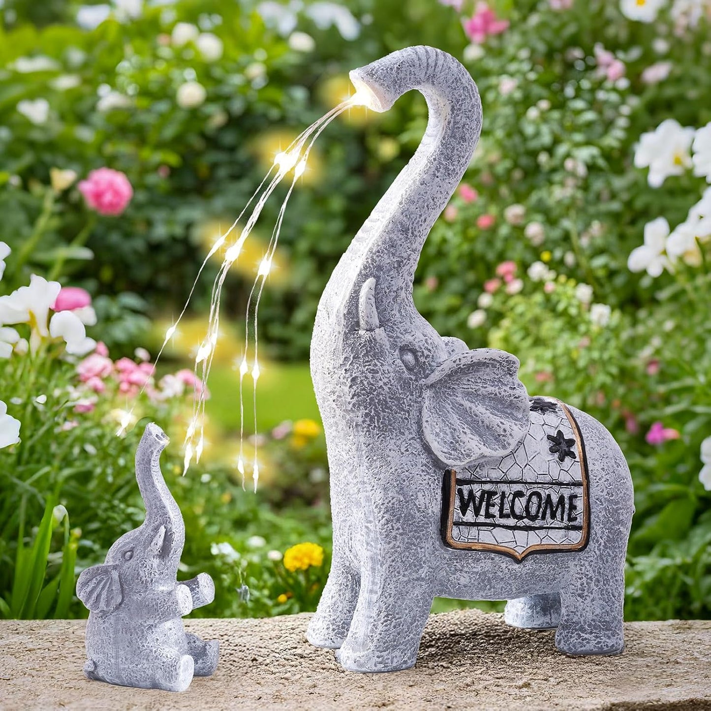 RM ROOMERS Elephant Garden Decor, 2 PCS Elephant Sculptures for Outdoor Resin Solar Elephant Statues Watering, Elephant Decor for Yard, Animal Statues for Patio, Birthday Gifts for Women