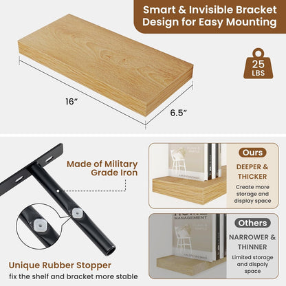 fuqing Floating Shelves for Wall, Bathroom Shelf Wall Mounted for Storage, Shelves with Invisible Bracket for Bedroom, Kitchen, Living Room, Farmhouse Small Book Shelf, 16 Inch Set of 2, Oak