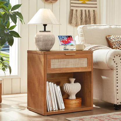 LEYAOYAO Boho Rattan Coffee Table Sets 3 Pieces, Nightstand with Charging Station and Coffee Table with Hidden Storage Compartment, Brown Living Room Table Set, Wood Furniture Sets for Home Office