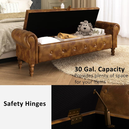 Storage Ottoman Bench for Bedroom, 52" Leather End of Bed with Rolled Arms, Upholstered Ottoman Fit for Living Room, Entryway, Faux Leather Brown