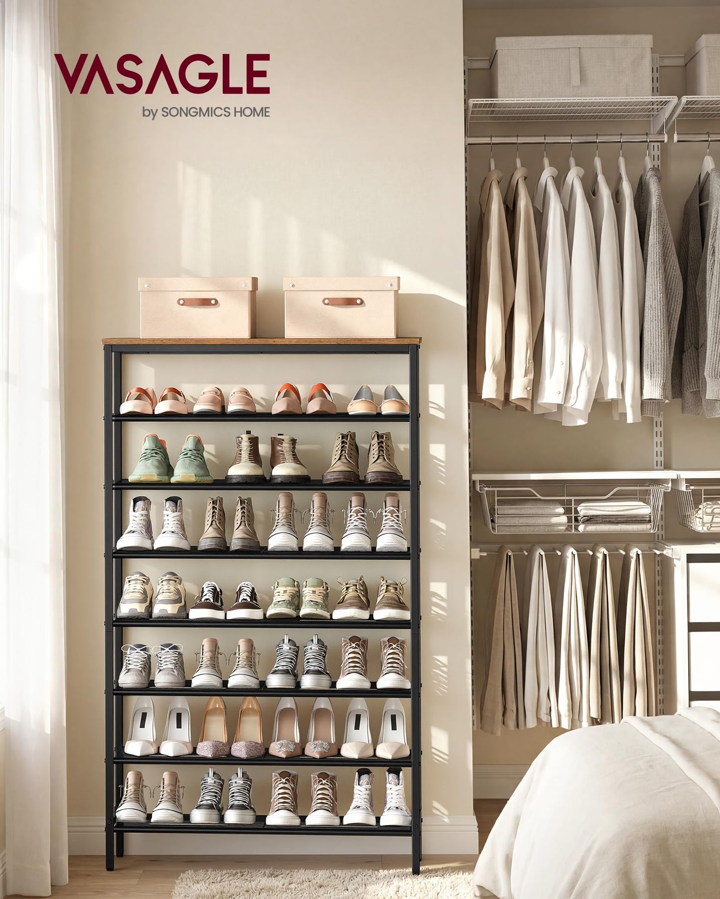 VASAGLE Shoe Rack with 7 Mesh Shelves and 1 Large Top for Bags, Steel Frame