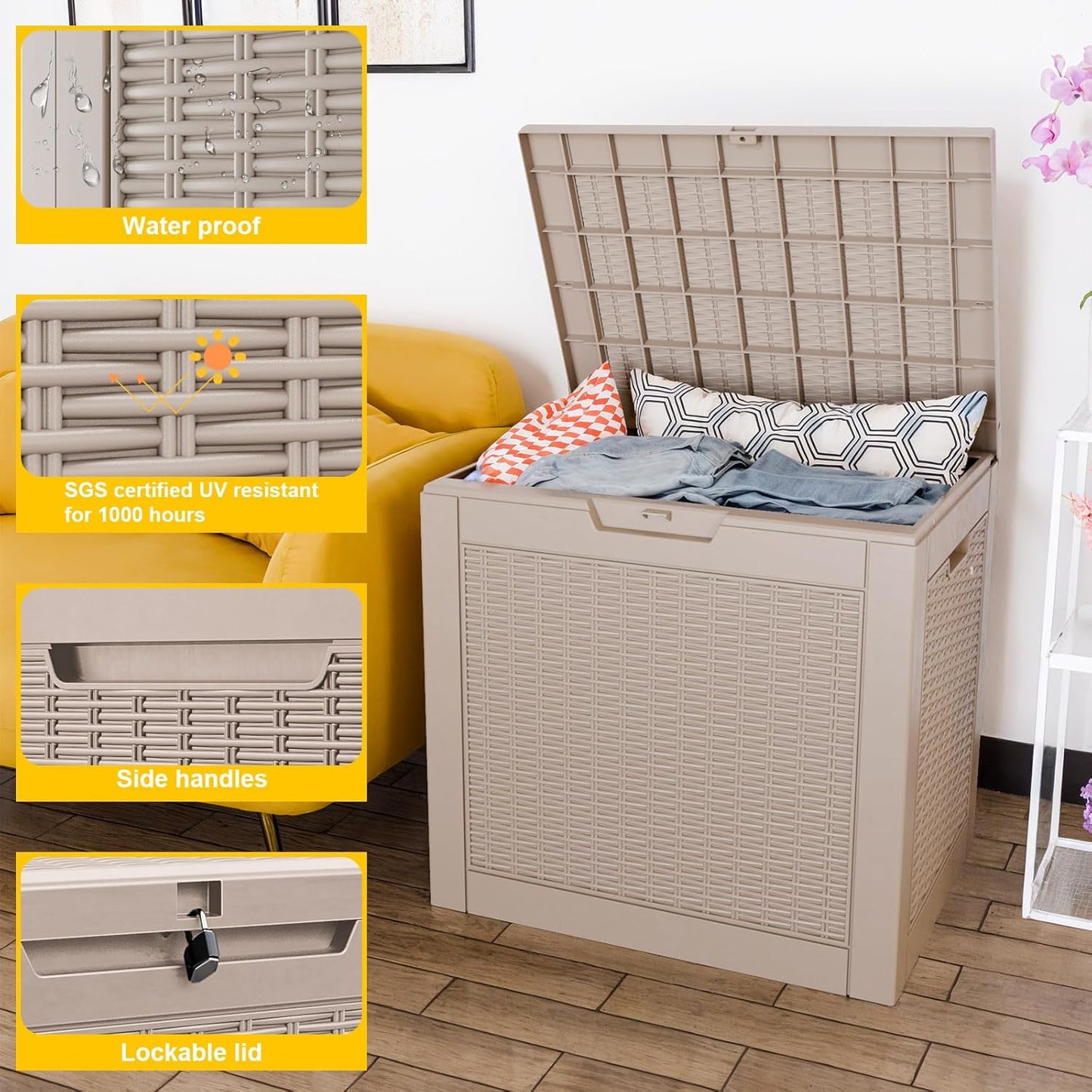 Vixzen 31 Gallon Resin Deck Box, Lockable Outdoor Storage Box for Patio Cushions Storage Furniture,Garden Tools, Pool Supplies, Weatherproof and UV Resistant- Grey