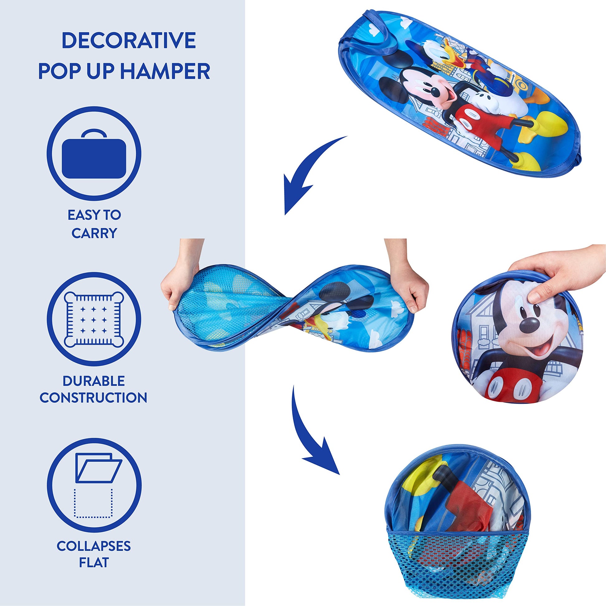 Mickey Mouse Pop Up Laundry Hamper with Durable Carry Handles,Blue Kids Clothes Storage, 21" H x