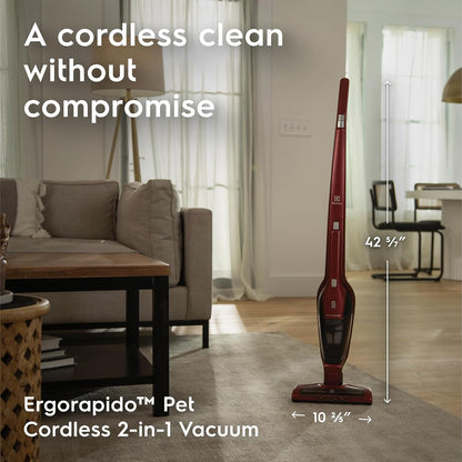 Electrolux Ergorapido Pet Cordless 2-in-1 Vacuum Cleaner with Motorized Pet Nozzle for Easy Pet Hair Removal, 48-Minute Run Time, 2 Power Modes, Chili Red