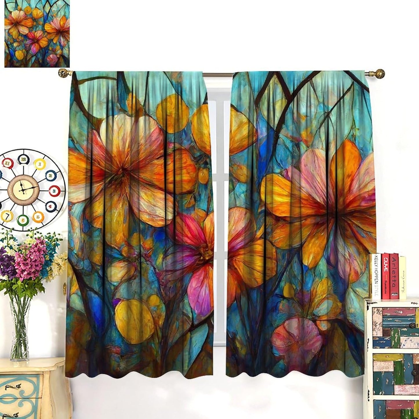 Stained Glass Curtains,Magic Forest Colorful Flowers Abstract Art Home Decor Drapes for Bedroom Living Room Kitchen Window Treatment 2 Panels Set Total Size 52" W X 84" L Inch