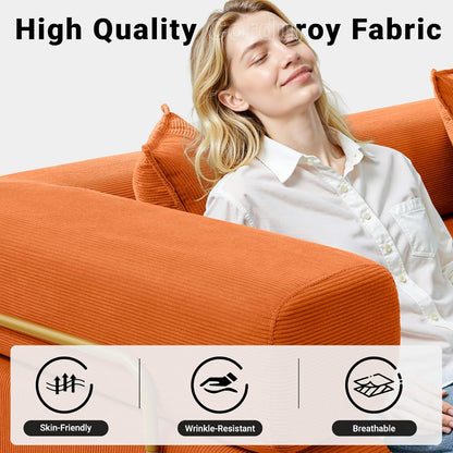 108" Oversized Convertible Sleeper Sofa Bed, Corduroy L Shape Sectional Couch, Folding Sofa Bed with Side Pocket, Modern Cloud Floor Mattress Couch, Modular Sofa for Living Room, Orange