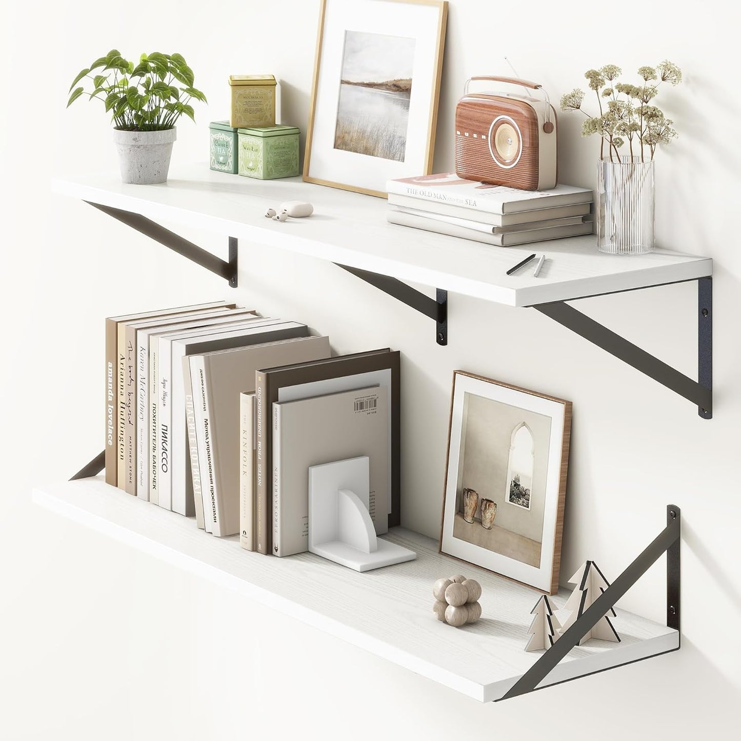 36"W x 10"D Floating Shelves, 10 Inch Deep White Floating Shelves, Farmhouse Rustic Deep Wall Shelves for Home Decor, Wide Large Floating Shelf for Bathroom, Living Room, Kitchen, Study Room