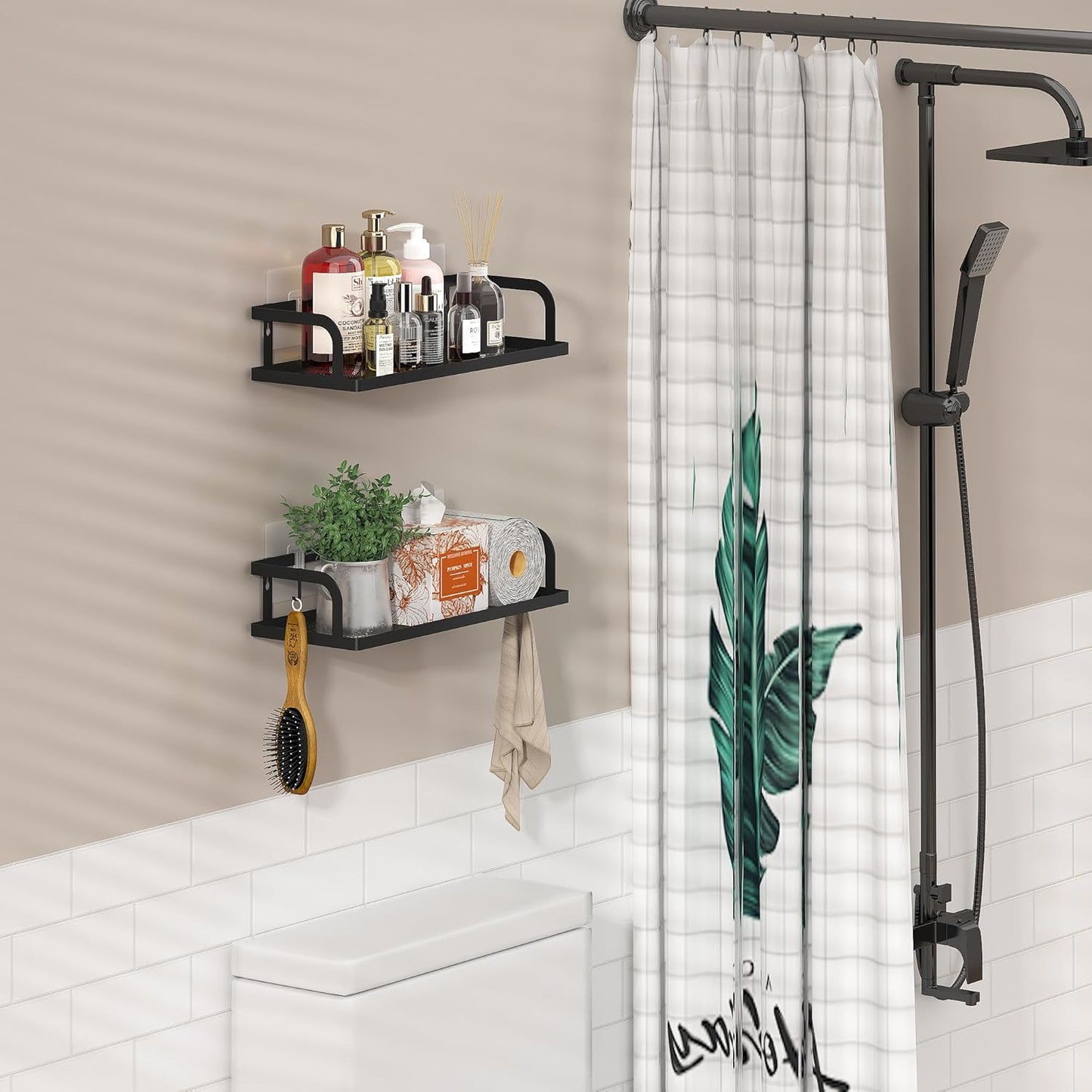 PUSDON Hanging Storage Baskets Organizer Wall Mount, Metal Wire Storage Bin Rack for Kitchen Bathroom Shower Spice Shelf Home Decor Essentials Black-2 Packs (Hollowout)