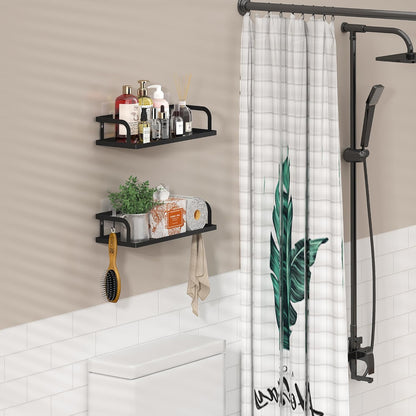 PUSDON Hanging Storage Baskets Organizer Wall Mount, Metal Wire Storage Bin Rack for Kitchen Bathroom Shower Spice Shelf Home Decor Essentials Black-2 Packs (Hollowout)