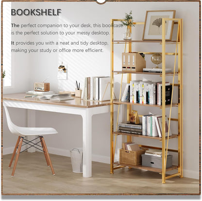 4NM No Assembly Foldable Bookshelf, 5-Shelf Collapsible Bookcase Storage for Small Spaces, 62.2" H, Brown and Golden