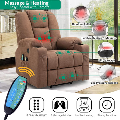 VIVIJASON Power Lift Chair Electric Recliner for Elderly Heated Vibration Massage Fabric Recliner Chair with 2 Remote Controls, Cup Holders, Side Pockets & USB Ports for Living Room (Coffee)