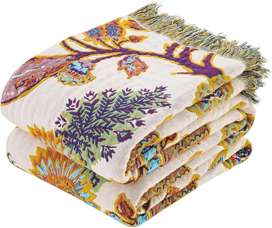 Boho Throw Blanket for Bed, 100% Cotton Soft Rustic Quilt Fall Blanket, 50"x60" Floral Printed Farmhouse Decor Bed Blankets, All Season Rustic Reversible Bohemian Throw Quilt