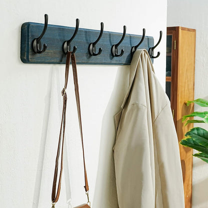 Dseap Coat Rack Wall: 24" Long, Patented, Heavy-Duty, 6-Double-Hooks Wooden Wall Mounted Coat Rack Coat Hanger Hook Rail for Winter Coats Hat Jacket Clothing, Weathered Blue, Pack of 2