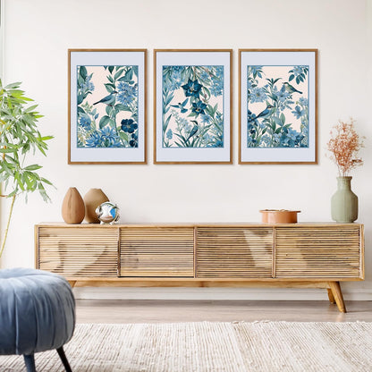 Aurlan Vintage Blue Birds and Botanical Framed Wall Art(16"x24"), 3PCS Classic Chinoiserie Audubon Bird Canvas Artwork, Large Abstract Watercolor Flowers Floral Home Decor for Bedroom Living Room