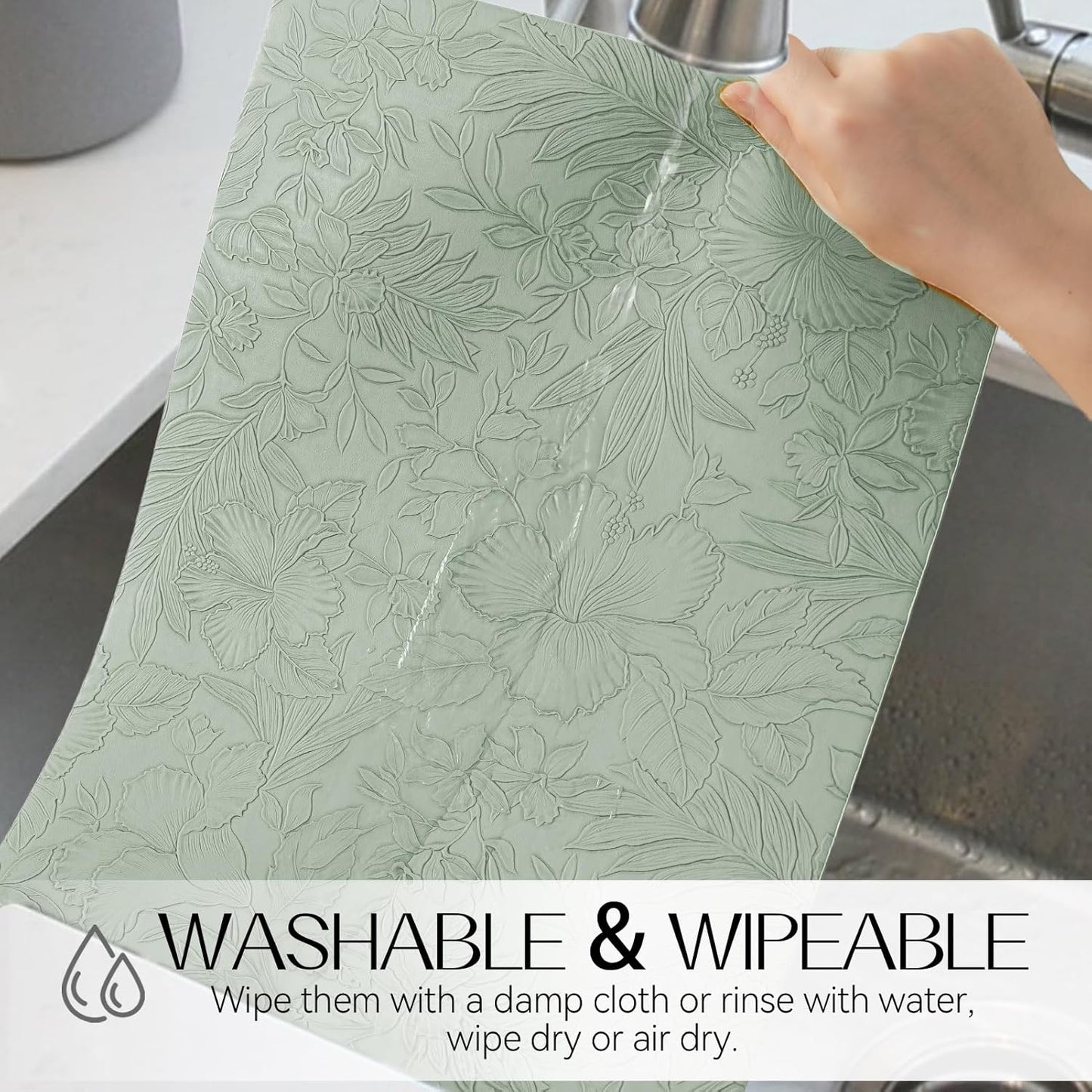 Romanstile Vinyl Placemats Set of 4-12 X 18 Inch - Heat Resistant Non-Slip Embossed Floral Place Mats 100% Waterproof Oilproof Wipeable Faux Leather Table Mats for Kitchen/Dining/Party, GrassGreen