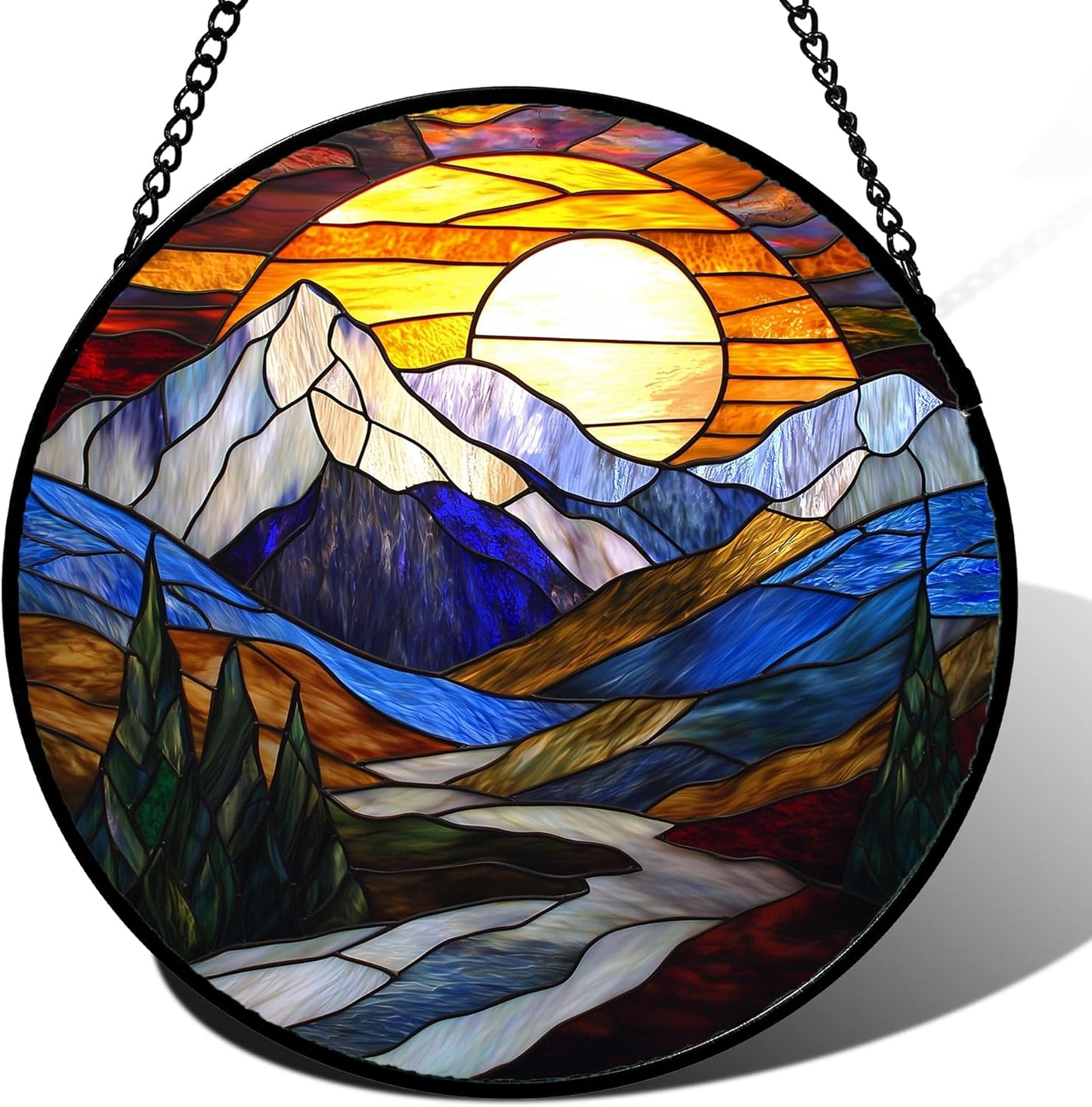 Stained Glass Window Hanging, Yellow Blue Sunset Mountains Scenery Sun Catcher for Window Home Decor Landscape Suncatcher Mother's Day Birthday Gifts for Women Men Mom and Nana 9.8 in