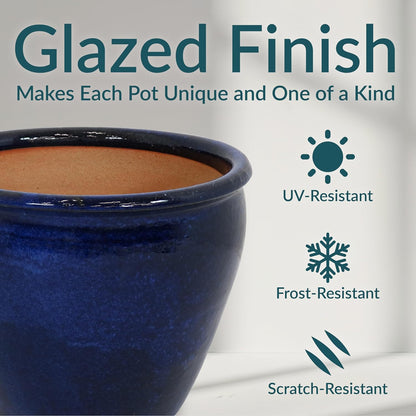 Sunnydaze Chalet Large Ceramic Plant Pot - Round Outdoor Glazed Ceramic Planter Pot with Drainage - Imperial Blue - 14.5"