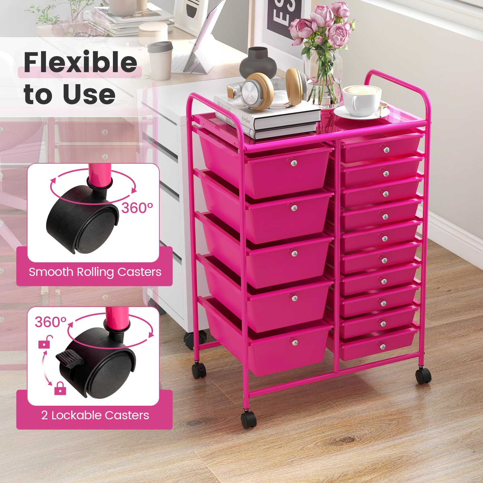 COSTWAY 15 Drawer Rolling Storage Cart, Mobile Utility Cart with Lockable Wheels, Drawers
