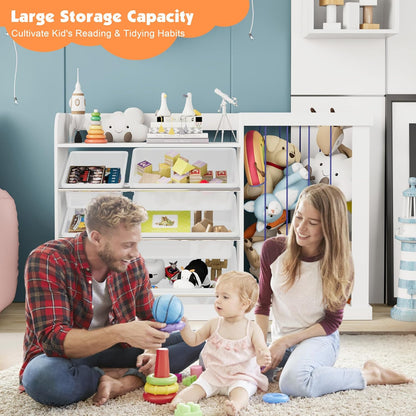 Kids Toy Storage Organizer with 3 Removable Plastic Bins Toddler Montessori Bookshelf with Stuffed Animal Net Holder Baby Bookcase Plush Organizer for Playroom, Bedroom,Kids Room,Classroom,Nursery