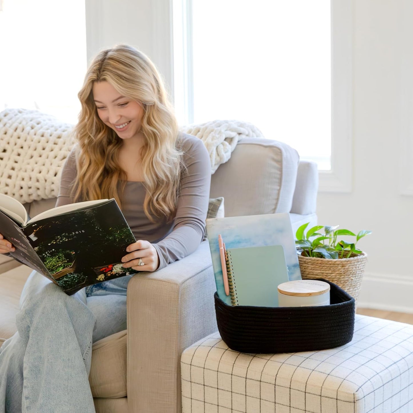 NaturalCozy 11.8"x8"x4.5” Rectangle Storage Baskets for Shelves 3 Pack | Cotton Rope Woven Small Baskets for Organizing | Small Storage Bins for Nursery, Bathroom, Closet, Shelf, Decorative, Gift