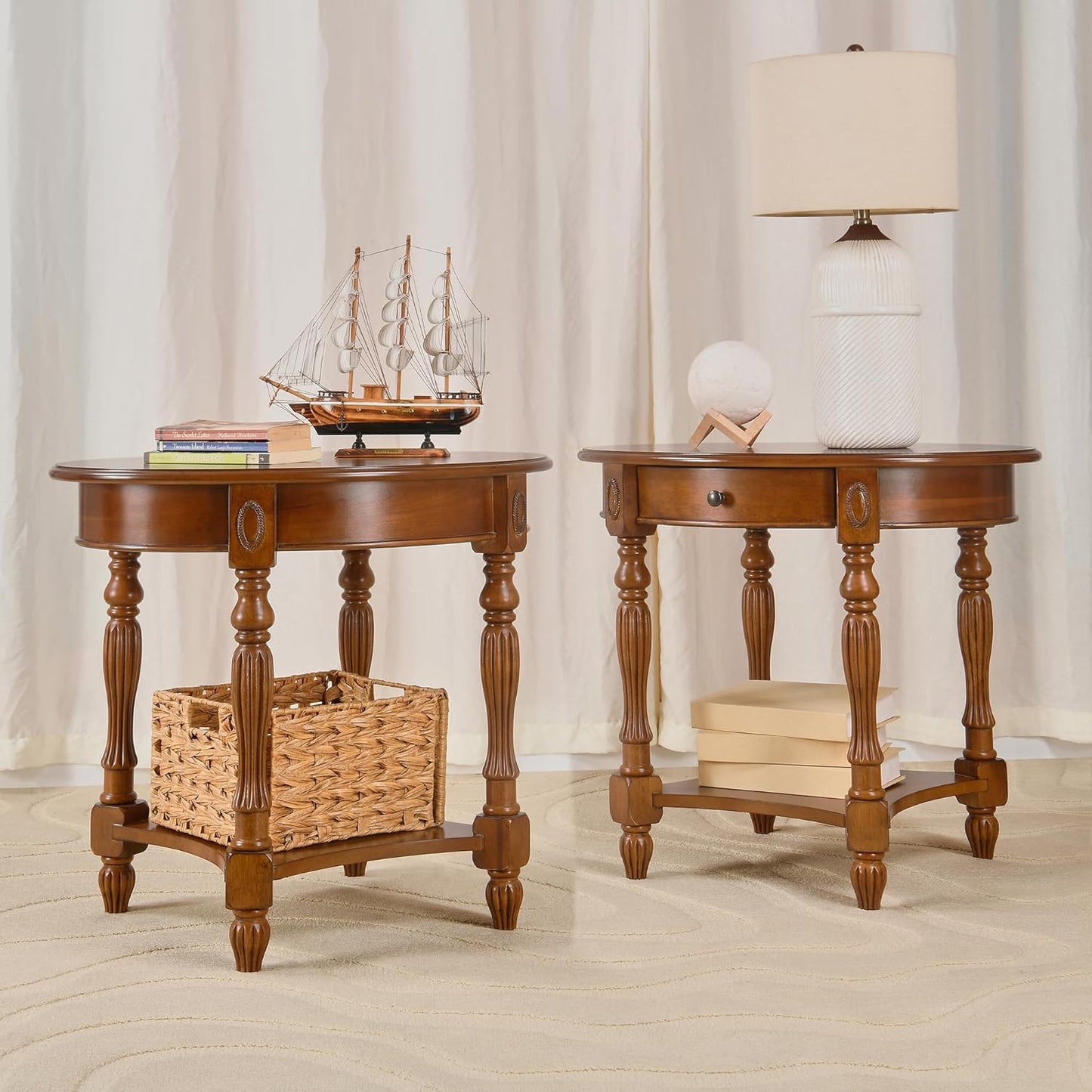 Solid Wood End Table with Drawer and Storage Shelf, Oval Sofa Side Table with Carved Legs, Living Room Corner Table, Large Beside Table, Elegant Vintage, No-Tools Assembly, Caramel Brown CJZ1533MG