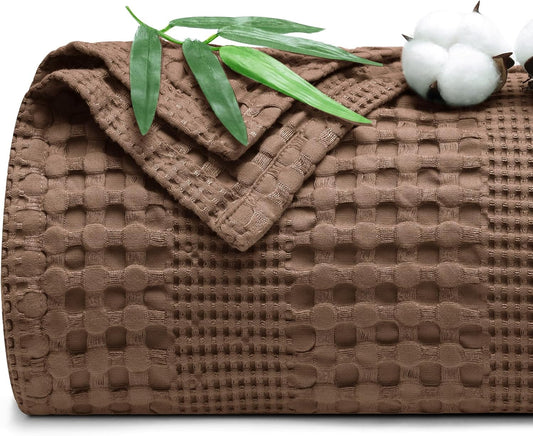 PHF Cooling Waffle Blanket Queen Size, Lightweight 60% Rayon Derived from Bamboo & 40% Cotton Breathable Blanket for Hot Sleepers, Soft and Luxury for Bed Couch and Sofa, 90"x90", Cocoa Brown