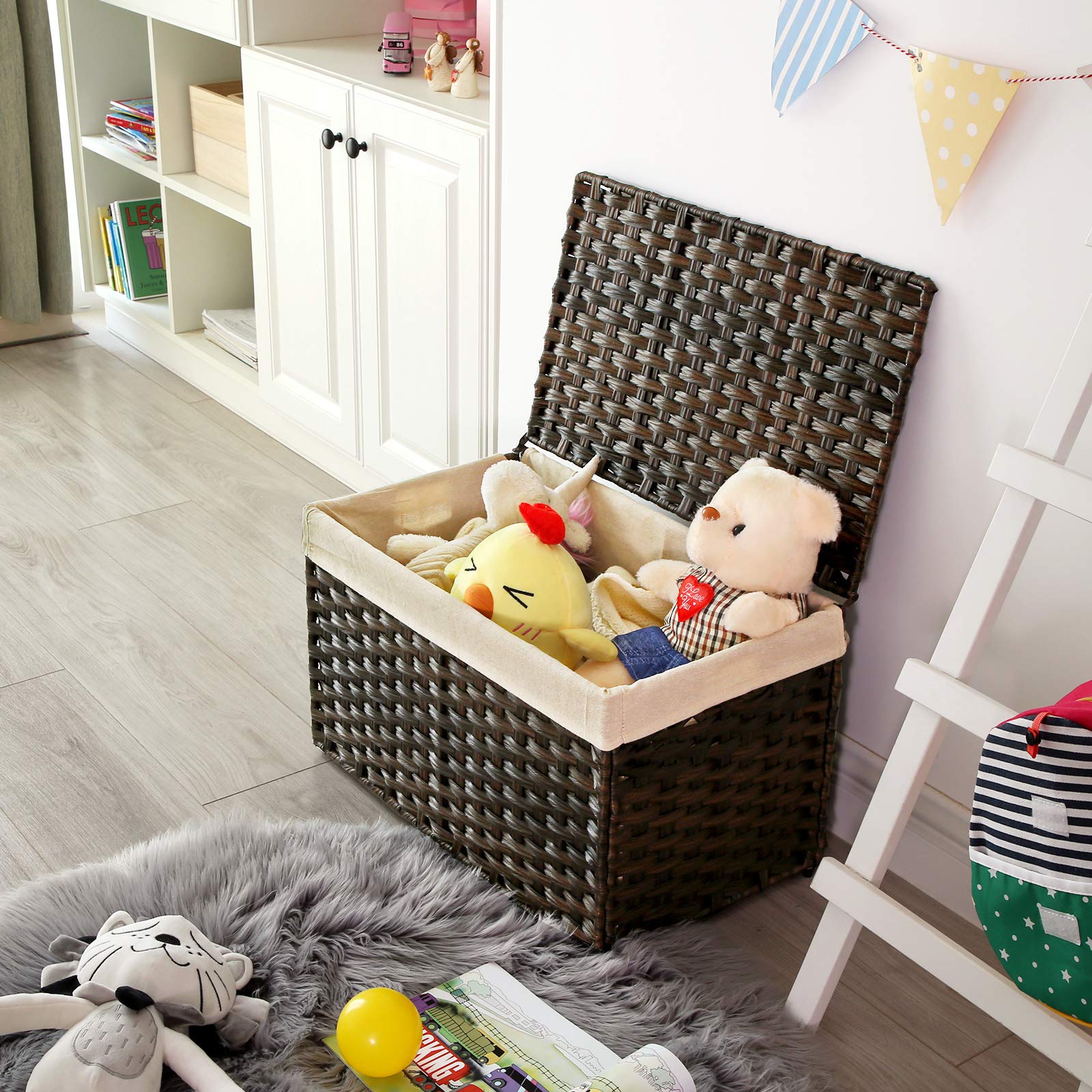 SONGMICS Storage Basket with Lid, Woven Blanket Storage Bin with Handles, Foldable, Removable