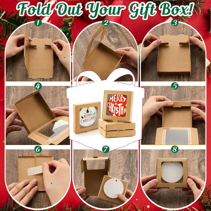25 Pcs Sublimation Ornament Blanks Box 3.6"x3.6"x0.7" Christmas Ornaments Holder Ceramic Discs Packaging Box with Window for Personalized Xmas Tree Blanks Bulk (Kraft Paper)