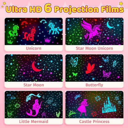 PIKOY Unicorn Room Decor for Girls Bedroom, 96 Lights+6 Films Unicorn Night Light for Girls Room Decor, Princess+Mermaid+Butterfly Lamp, 360° Rotation+Cordless 3-6 Year Old Girl Birthday Gift Ideas