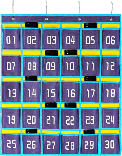 Loghot Classroom Accessories Closet Pocket Chart for Cell Phones Holder Wall Door Hanging Organizer (30 Pockets Blue)