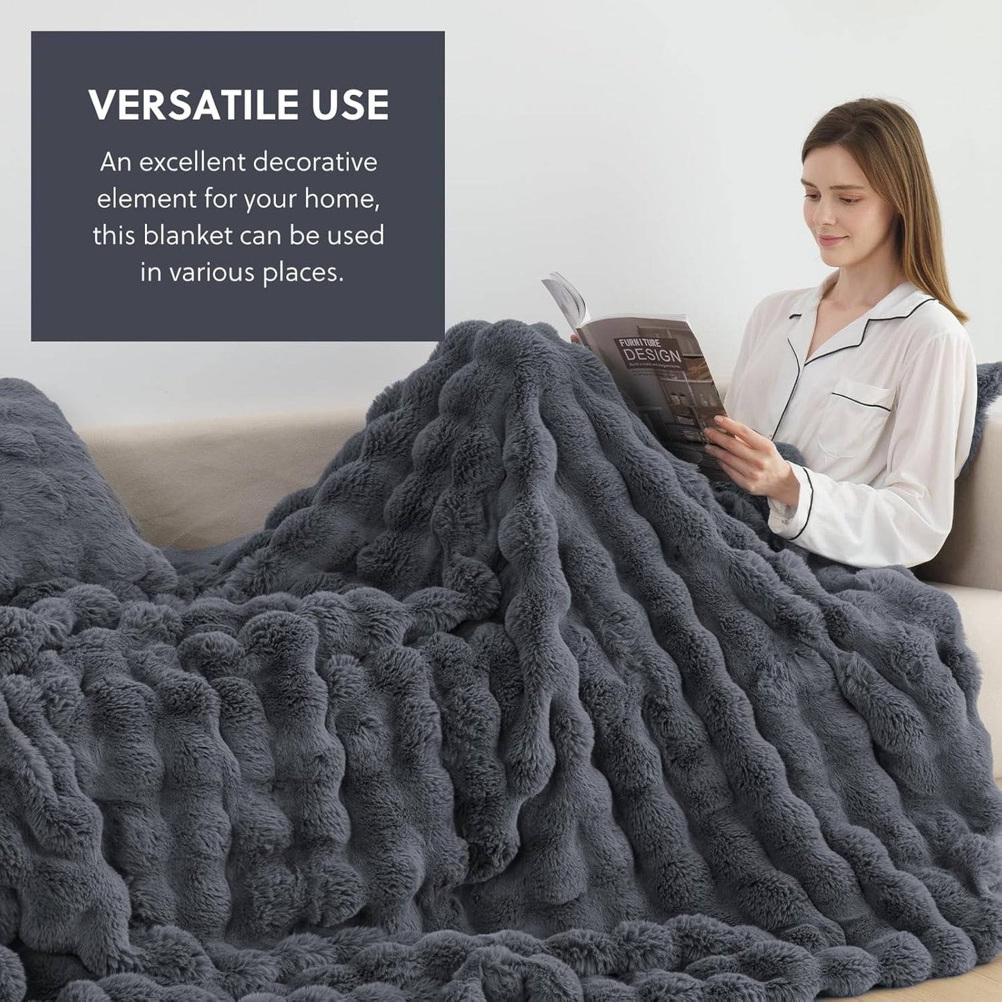 Cozy Faux Fur Throw Blanket for Couch Warm Fuzzy Throw Blanket, Soft Plush Thick Bubble Blankets for Bedroom and Living Room, Furry Luxury Blanket, 50 x 60, Grey