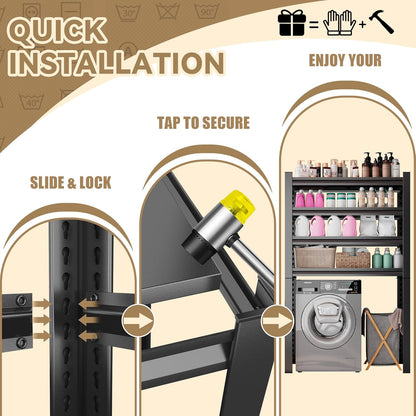 Over Washer Storage,5Tier Expandable Washer and Dryer Rack, Laundry Room Storage Over Toilet Washing Machine and Dryer Storage Rack Bathroom Organization, Hold 500 lb, Black