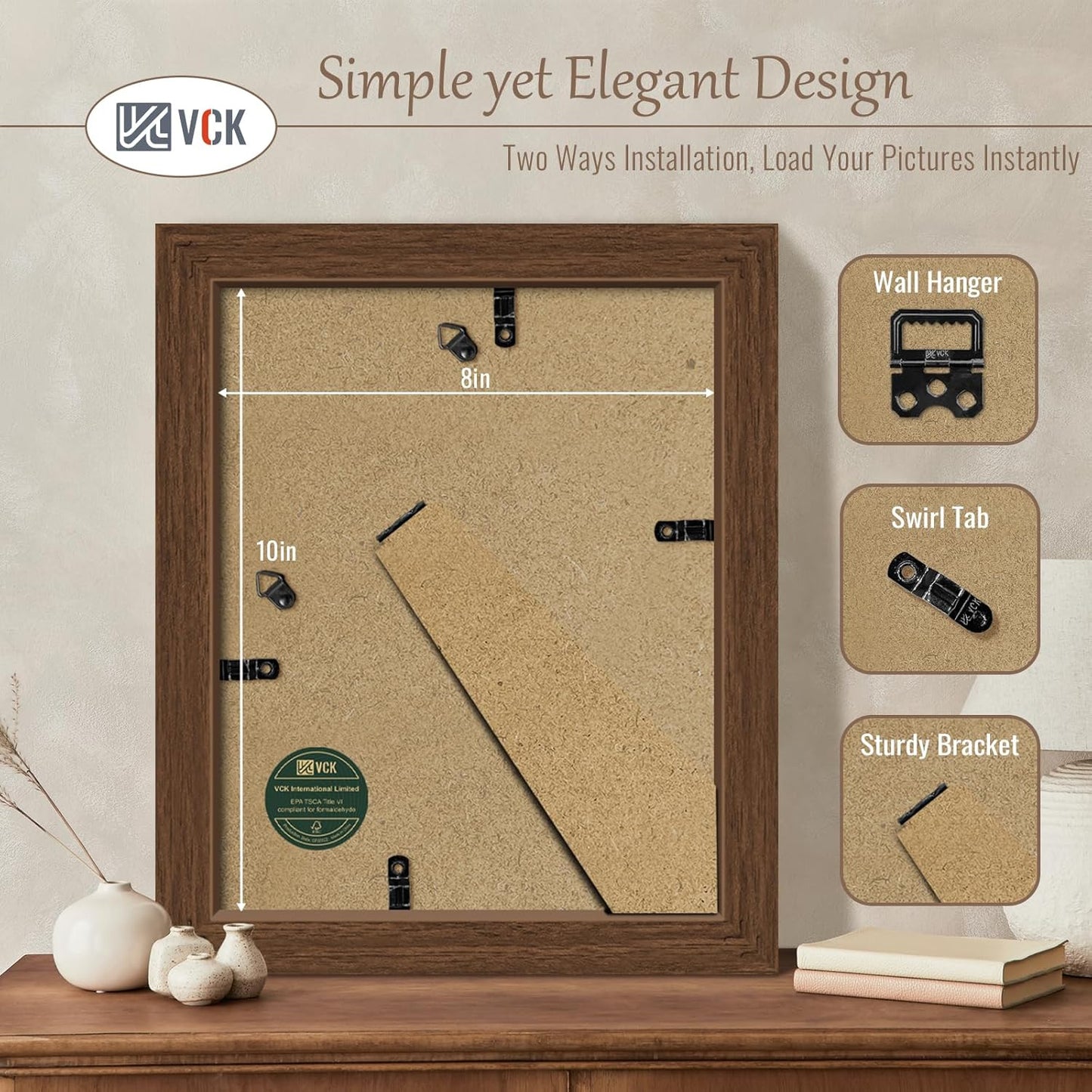 VCK 8x10 Frame Set of 3 - Brown, Wood Picture Frame with Exclusive Wood Grain, Wall Gallery Frame