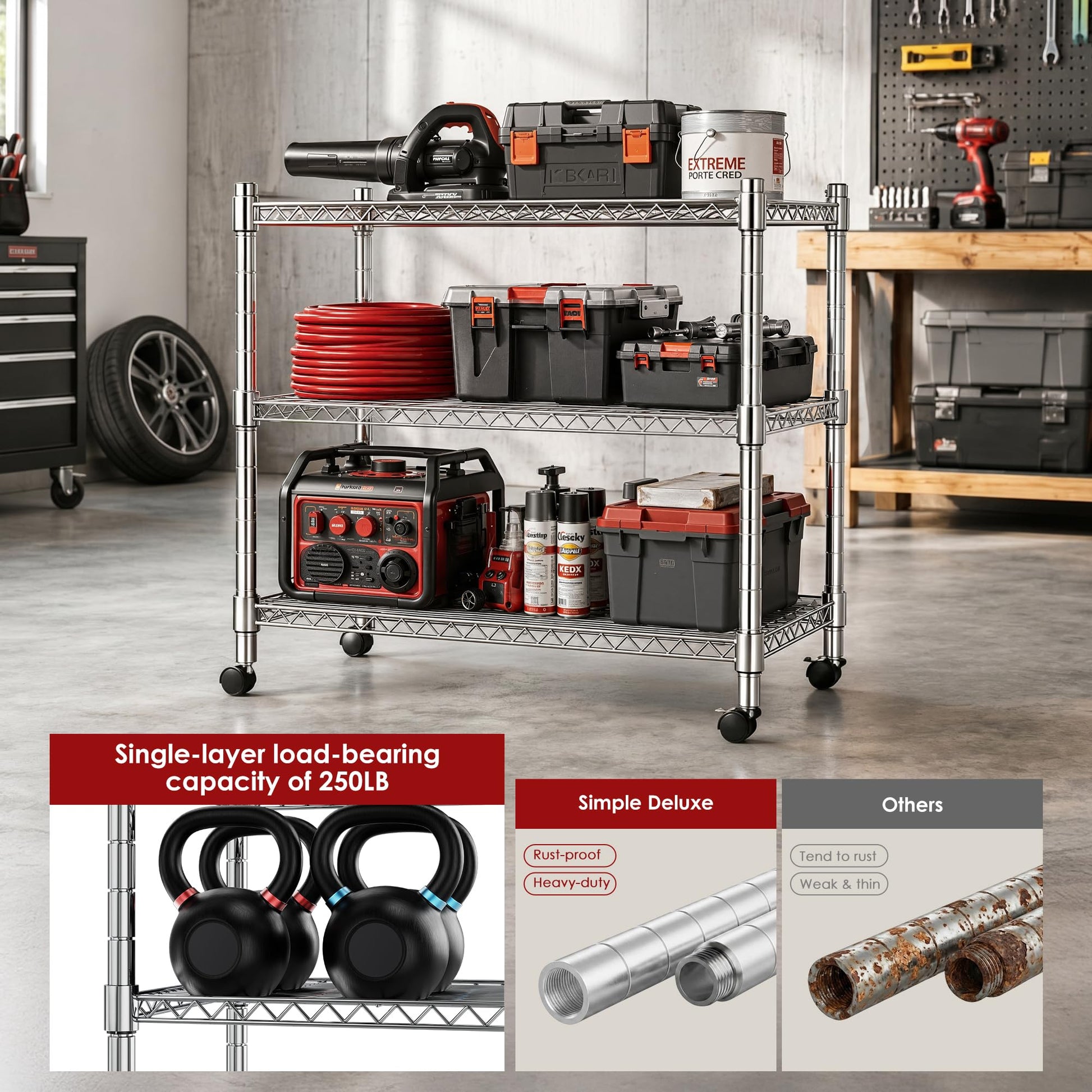 Heavy Duty 3-Shelf Shelving Unit, 24.02" W x 13.78" D x 21.97" H Chrome Steel Storage Rack with