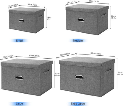 Large Linen Fabric Foldable Storage Bins with Removable Lid and Handles, Washable Storage Box Organizer Containers Baskets Cube with Cover for Bedroom,Office(Cream, Medium)
